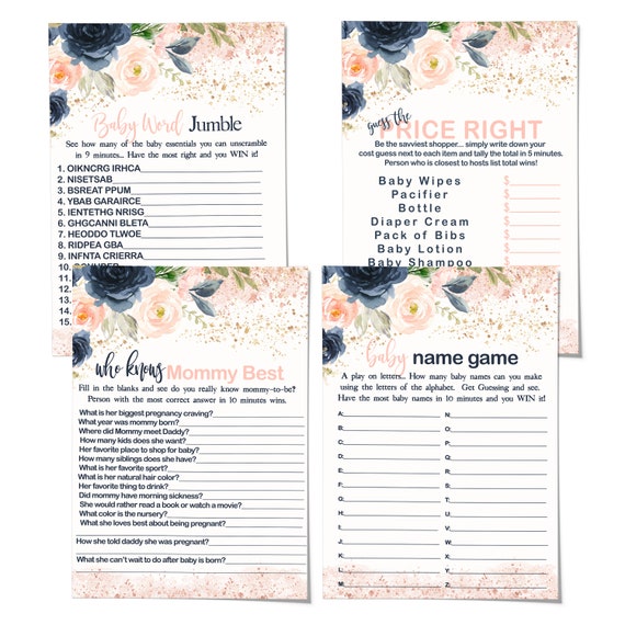 Blushing Baby Shower Games Bundle (25 Players) Included Word Scramble - Guess the Price - Name Game - Who Knows Mommy Best – Greenery Floral Il_570xn