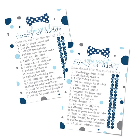 Bow Tie Mommy Daddy Game (25 Pack) Baby Shower Guess Who Activity Cards Guest Play – Little Man Party Supplies Oh Boys Chevron Indigo Grey Il_570xn