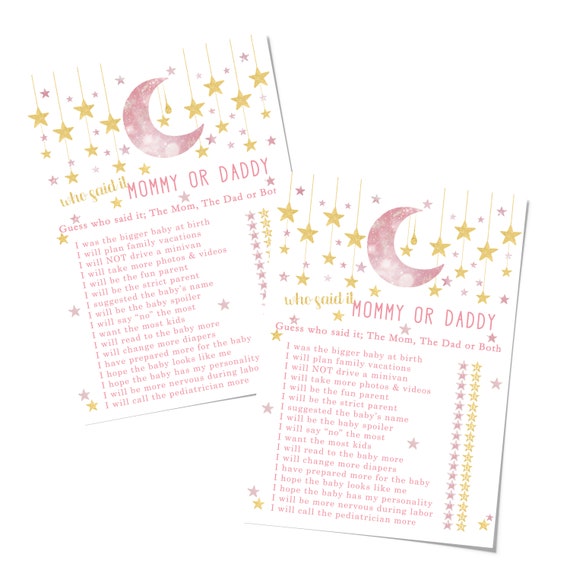 Twinkle Little Star Mommy Daddy Baby Shower Game (25) Guessing Who Activity Cards – Pink Gold - Gender Reveal – Celestial Party Supplies Il_570xn