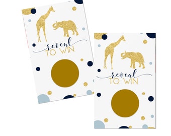 Safari Scratch Off Game Cards for Baby Shower, Birthday, or Gender Reveal, Blue and Gold, 28 Pack
