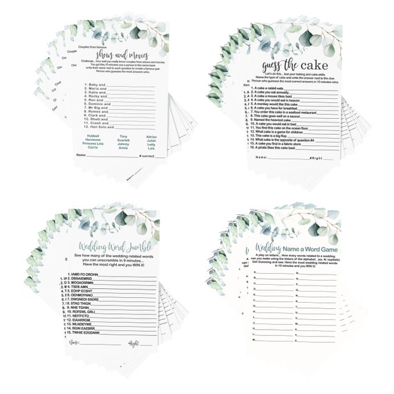 Greenery Bridal Shower Game Card Bundle (25 Guests) Word Scramble – Guess the Cake – Wedding Name – Famous Couples – Modern Rustic Sage Il_570xn