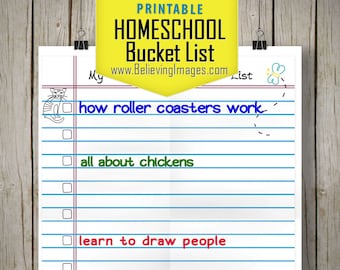 May include: Printable homeschool bucket list with a rocket, a butterfly, and a stack of books with an apple on top. The list includes items like "how roller coasters work" and "learn to draw people".
