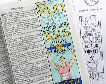 May include: A printable bookmark with a colorful illustration of a woman running with the text "Let us run with patience the race that is before us, looking unto Jesus the author and finisher of our faith." The bookmark is designed for coloring and includes a coordinating tab with the text "Hebrews 12:1-2".