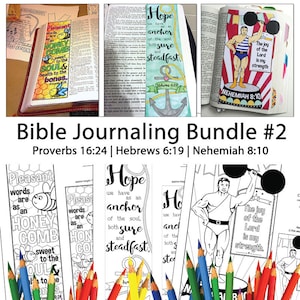 Könnte beinhalten: Ein Bibel-Journaling-Paket mit drei druckbaren Malvorlagen. Die Seiten zeigen Verse aus Sprüche 16:24, Hebräer 6:19 und Nehemia 8:10. Die Seiten sind für die Verwendung mit Buntstiften oder Markern konzipiert.