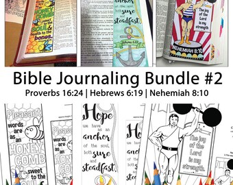 May include: A Bible journaling bundle with three printable coloring pages. The pages feature verses from Proverbs 16:24, Hebrews 6:19, and Nehemiah 8:10. The pages are designed for use with colored pencils or markers.