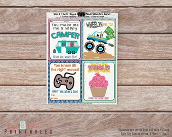 Kids Printable Valentine's Day Cards Monster Truck, Cupcake, Gamer, Camper