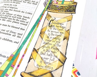 May include: A colorful illustration of a quiver filled with arrows, set against the backdrop of an open book. The arrows feature various designs and colors, including pink, green, and yellow. Text from Psalms 127:3-5 is visible.