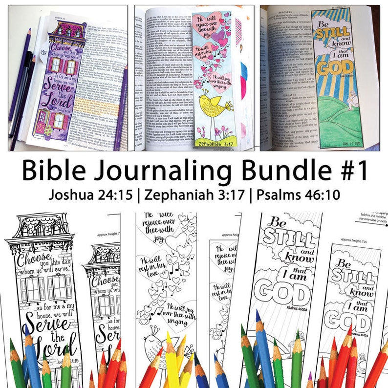 Bible Journaling Bible Verse Art Bible Verse Print great for faith journals Art Journals Bundle 1 Psalms 46-1, Zephaniah 3-17, Joshua 24-15 image 1