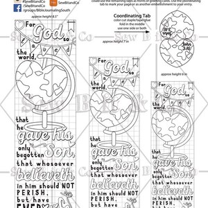 May include: Black and white printable Bible art featuring the text "John 3:16" and a globe design. Includes bookmarks and margin art for coloring. The largest bookmark is approximately 8.5 inches in height.