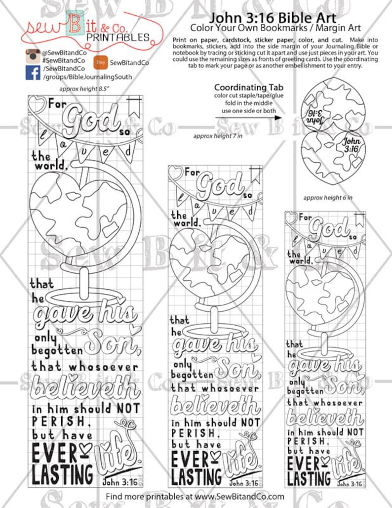 May include: Black and white printable Bible art featuring the text "John 3:16" and a globe design. Includes bookmarks and margin art for coloring. The largest bookmark is approximately 8.5 inches in height.