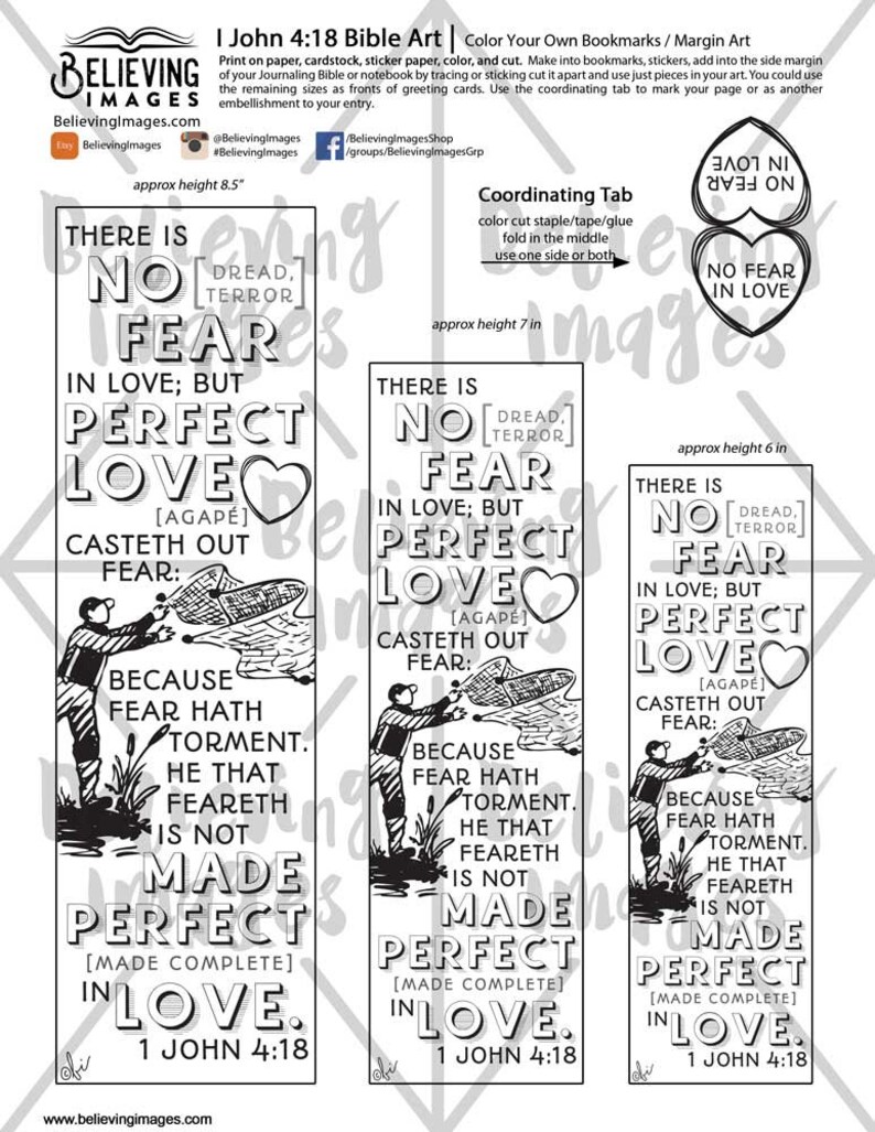 May include: Black and white Bible art print featuring three bookmarks with the text "There is no fear in love; but perfect love casteth out fear." Each bookmark has a different height, with the largest at approximately 8.5 inches.