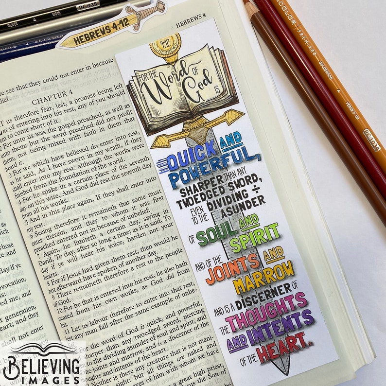 May include: A colourful illustration of a sword with the words "Quick and Powerful, Sharper than any two-edged sword, even dividing to the asunder of soul and spirit, and of the joints and marrow, and is a discerner of the thoughts and intents of the heart." The illustration is surrounded by a book with the words "For the Word of God is" on the cover.