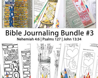 May include: A Bible journaling bundle with three different designs. One design features the text "They had a MIND to WORK" on a brick wall background. Another design shows arrows in a quiver. The third design is a bookmark with the word "LOVE".