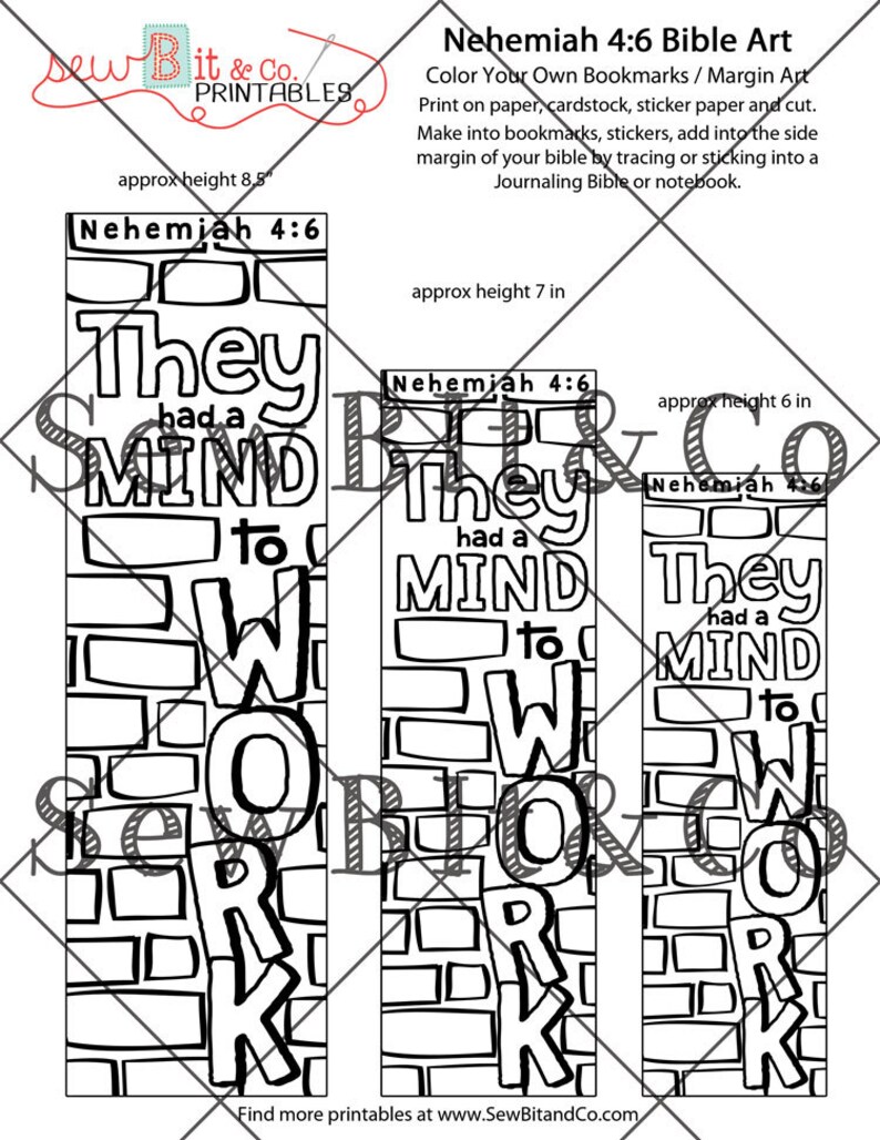 May include: Black and white printable Bible art featuring the text "They had a mind to work" from Nehemiah 4:6. The design includes three bookmark-style templates, each with a different height, approximately 8.8, 7, and 6 inches tall.