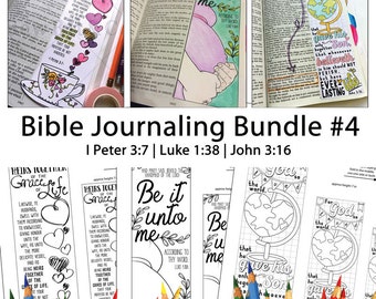 May include: A set of four printable Bible journaling bookmarks. The bookmarks feature black and white illustrations of a heart, a hand, a globe, and a heart with a globe. The bookmarks include Bible verses: "Heirs Together of the Grace of Life", "Be it unto me according to thy word", "For God so loved the world", and "That whosoever believeth in him should not perish, but have everlasting life".