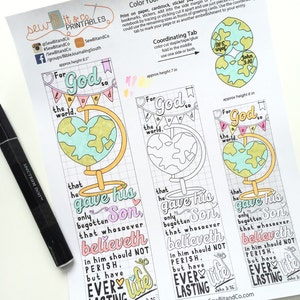 May include: Color-your-own Bible art printable featuring three bookmarks with a globe design and the text "For God so loved the world." Includes a black marker and instructions. Approximate height 8.5 inches.