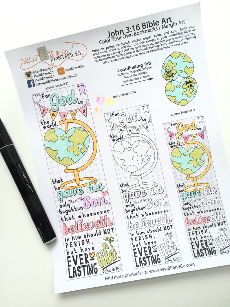 May include: Color-your-own Bible art printable featuring three bookmarks with a globe design and the text "For God so loved the world." Includes a black marker and instructions. Approximate height 8.5 inches.