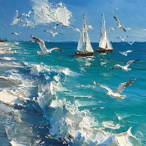 Original Hand-Painted Sailboat Oil Painting, Seaside Scene with Seagulls, Coastal Art, Ocean Breeze Inspired Home Decor