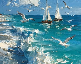 Cuadro al óleo original pintado a mano de un velero, escena costera con gaviotas, arte playero, decoración del hogar inspirada en la brisa marina.