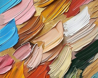 Dipinto a olio con tecnica a impasto spesso, dettagli in lamina d'oro, decorazione murale colorata.