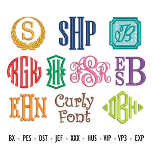 May include: Nine different monogram designs in various colors and styles. The designs include letters within circles, squares, and other shapes. The text "Curly Font" is also displayed. The bottom of the image displays file format abbreviations.