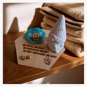 Bee Happy Gift Set | Honey Gnome Raysin Figurine | Laser-Cut Hexagonal Wooden Plaque | Comic Bee Fridge Magnet | Bee Decor & Encouragement