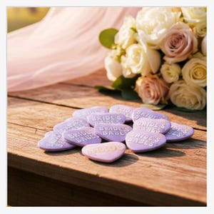 Könnte beinhalten: Herzförmige, lavendelfarbene Gastgeschenke mit den goldenen Aufschriften "Bride's Babes" und "Bride". Im Hintergrund liegt ein Strauß aus weißen und rosa Rosen auf einer Holzoberfläche, mit einem rosa Stoff.