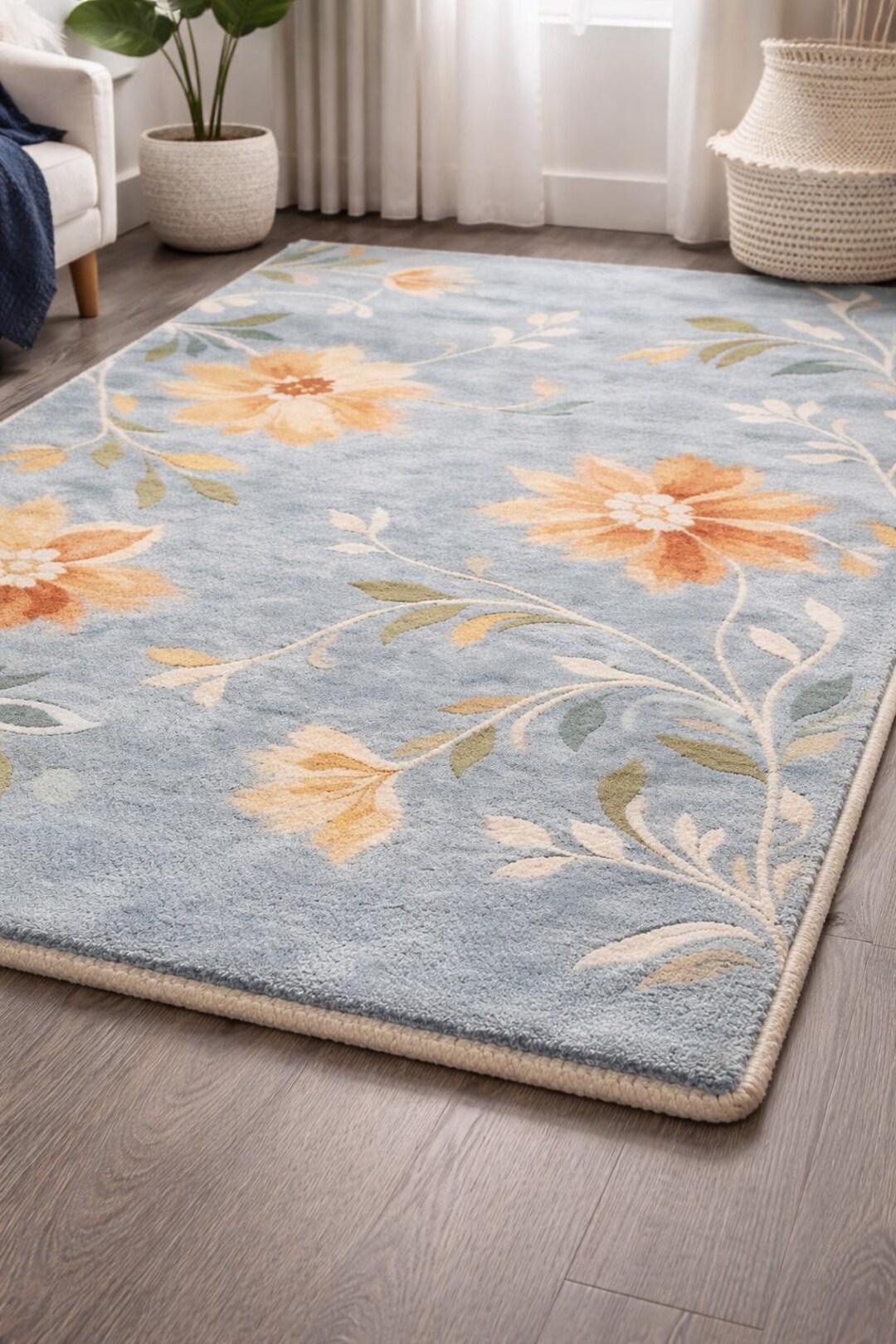 Hand Tufted Wool Floral Rug, Pastel Blue Botanical Area Carpet - Etsy