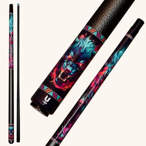 May include: A pool cue featuring a black textured grip and a graphic illustration of a snarling wolf with glowing red eyes and blue flames. The design includes geometric patterns in teal and orange, a white logo, and a sleek black shaft.