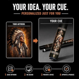 May include: A custom pool cue featuring a detailed portrait of a person in a feathered headdress. The text reads: YOUR IDEA. YOUR CUE. PERSONALIZED JUST FOR YOU. YOUR ARTWORK. YOUR CUE. 1 SEND ARTWORK, 2 WE DESIGN, 3 PREVIEW & REVISE, 4 APPROVE & PRODUCE.