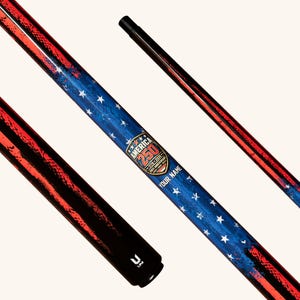 May include: A pool cue with a patriotic design. The cue features a blue shaft with white stars and red stripes, and the text "AMERICA 250" with "YOUR NAME". The cue has a black tip and a black handle.