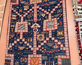 Large Moroccan Berber Azilal Rug – Navy Blue with Colorful Symbolic Motifs – Handmade