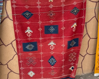 Handmade Berber Kilim Rug – Red Blue Geometric Wool Atlas Carpet