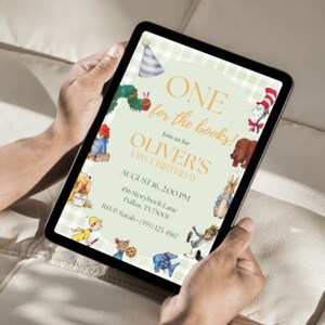 May include: A digital tablet displaying a first birthday invitation with a light green checkered background. The text reads ONE for the books! Join us for OLIVER'S FIRST BIRTHDAY AUGUST 16, 2:00 PM 456 Storybook Lane Dallas, TX 75001 RSVP: Sarah (555) 123-4567.