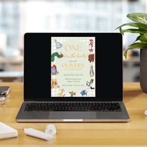 May include: A digital birthday invitation displayed on a laptop screen featuring a light green gingham background with illustrations of classic storybook characters and the text: ONE for the books! Join us for OLIVER'S FIRST BIRTHDAY AUGUST 18, 2:00 PM.
