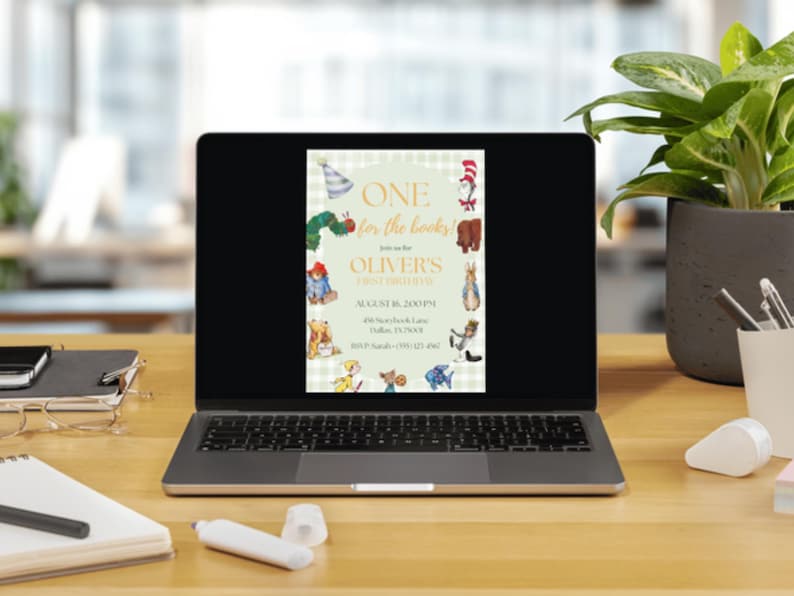 May include: A digital birthday invitation displayed on a laptop screen featuring a light green gingham background with illustrations of classic storybook characters and the text: ONE for the books! Join us for OLIVER'S FIRST BIRTHDAY AUGUST 18, 2:00 PM.