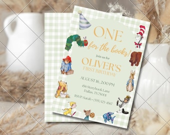 One for the Books Einladung zum 1. Geburtstag, Storybook Thema Geburtstag einladen, Erster Geburtstag Dekor für Bücher, digitale Einladungskarte