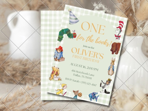 One for the Books 1st Birthday Invitation, Storybook Theme Birthday Invite, Bookish First Birthday Decor, Digital Invitation Canva