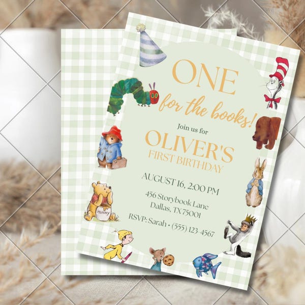 One for the Books 1st Birthday Invitation, Storybook Theme Birthday Invite, Bookish First Birthday Decor, Digital Invitation Canva