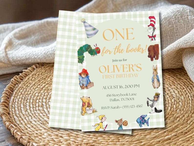 May include: A rectangular invitation card with a light green gingham border and a central pale green panel. It features illustrations of storybook characters and the text: ONE for the books! Join us for OLIVER'S FIRST BIRTHDAY, AUGUST 16, 2:00 PM.