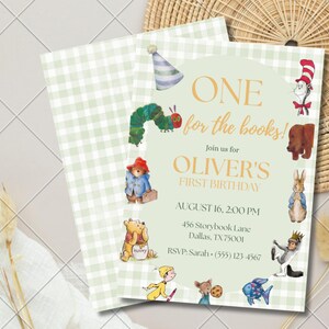 May include: A rectangular birthday invitation card with a light green gingham pattern background. The text reads: ONE for the books! Join us for OLIVER'S FIRST BIRTHDAY AUGUST 16, 2:00 PM 456 Storybook Lane Dallas, TX 75001 RSVP: Sarah (555) 123-4567.