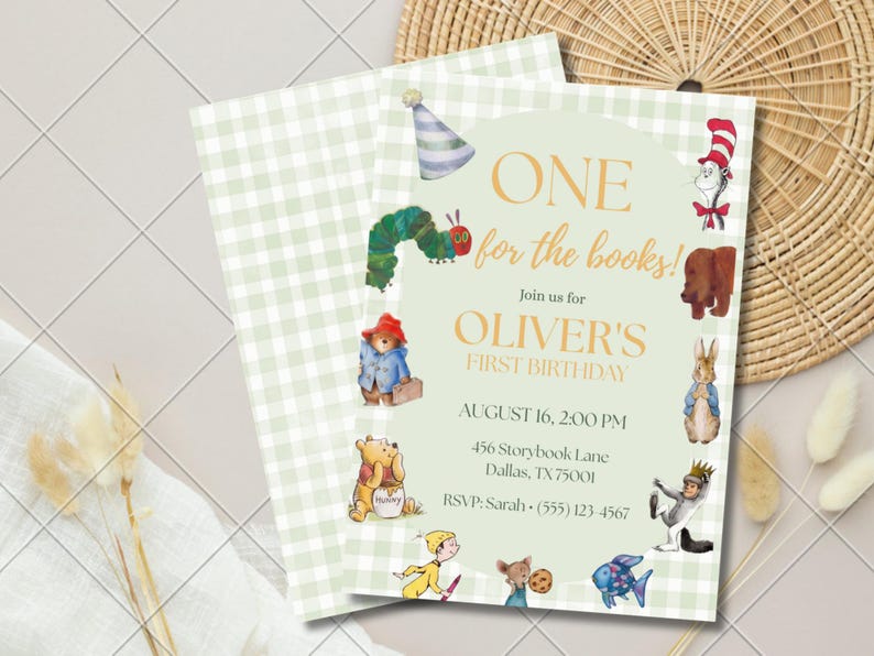 May include: A rectangular birthday invitation card with a light green gingham pattern background. The text reads: ONE for the books! Join us for OLIVER'S FIRST BIRTHDAY AUGUST 16, 2:00 PM 456 Storybook Lane Dallas, TX 75001 RSVP: Sarah (555) 123-4567.