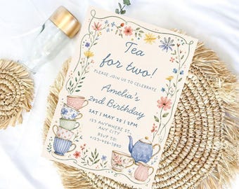 Two for Tea Birthday Invitation, Tea Party 2nd Birthday Invite, Wildflower Garden Party, Editable Canva Template