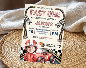 Fast One Racing Car 1st Birthday Invitation, Vintage Race Car Party Invite, Photo Canva Template Boy Birthday