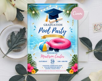 Graduation Pool Party Invitation, Class of 2026 Summer Grad Party Invite, Editable Canva Template