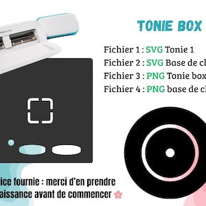 Peut inclure: Un appareil électronique blanc et turquoise avec un compartiment ouvert, un carré noir avec un contour carré blanc et un cercle noir avec un centre blanc. Le texte comprend "TONIE BOX 1" et des informations sur le type de fichier.