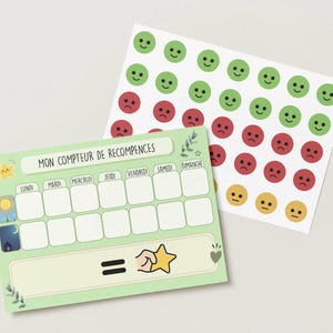 May include: A reward chart titled Mon Compteur de Recompenses with days of the week, a sun and moon icon, and a star graphic. A separate sheet features rows of circular stickers with green smiling, red frowning, and yellow neutral faces.