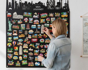 Custom World City Magnet Display,Travel Magnet Wall Art,Custom Skyline Magnet Board,Personalized Travel Gift Board,City Travel Magnet Board