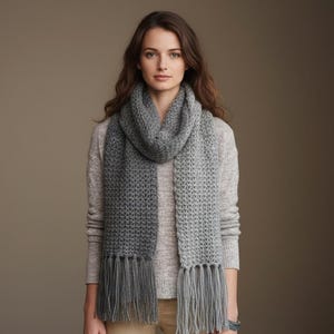 May include: A woman wearing a gray, fringed scarf. The scarf is a gradient of gray, with a darker shade at the top that fades to a lighter shade at the bottom. The scarf is made of a knitted material and has a textured appearance.