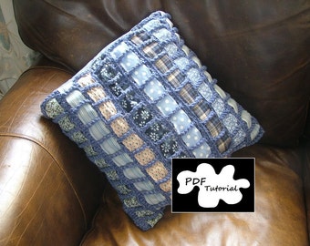 Crochet cushion cover pdf tutorial/ pattern using fabric scraps. Woven. Upcycled. instant download